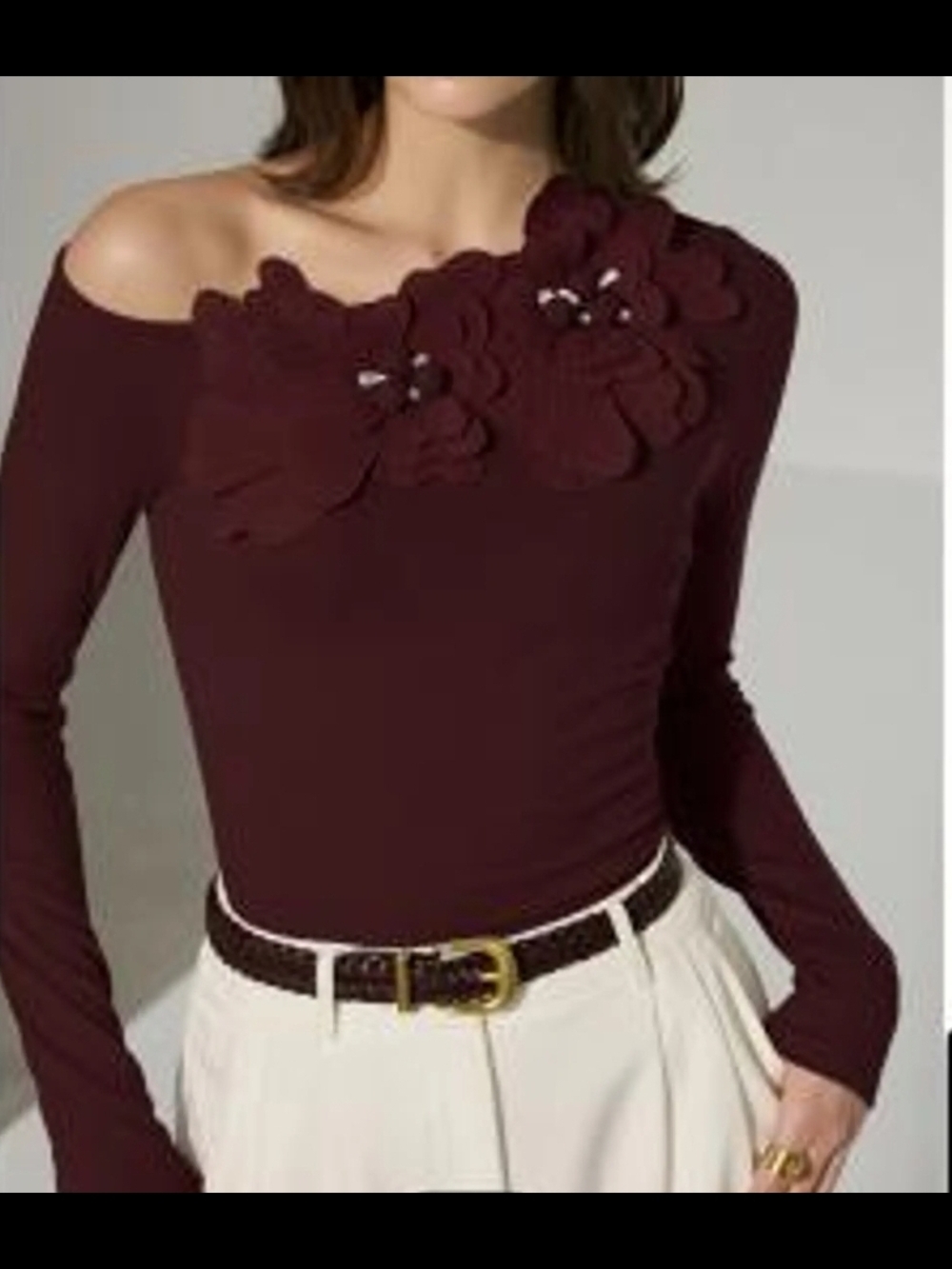 MWT $32 Commense One-Shoulder Floral Appliqué Top - Burgundy X-Small